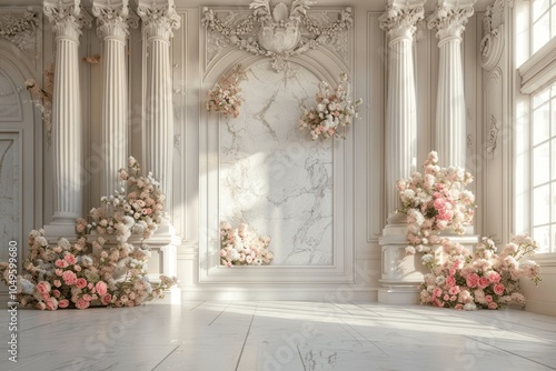 elegant baroque style wedding room with marble walls and pastel floral arrangements