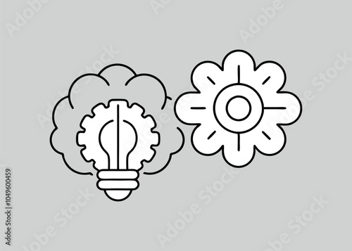 A simple and clean icon featuring a brain, a lightbulb, and a gear, representing the concept of thinking, problem-solving, and innovation.