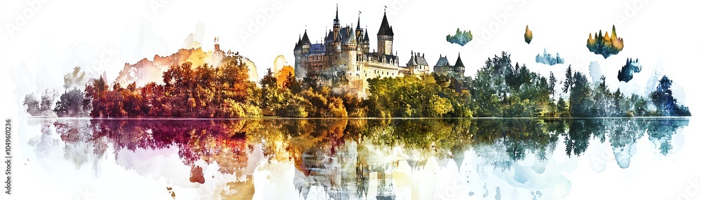 Obraz premium Colorful artistic representation of a castle reflecting on water.