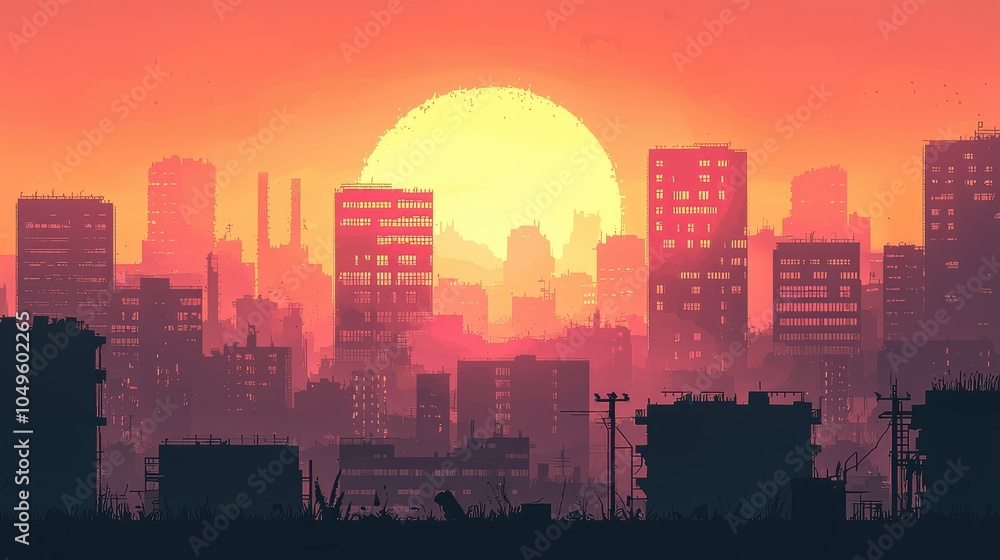 Fototapeta premium Vibrant Sunset View Over City Silhouettes