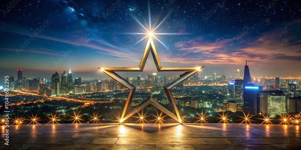 Night Photography of a Flat Star Symbol Over a City Skyline with Glowing Lights and a Dark Sky Night Photography of a Flat Star Symbol Over a City Skyline with Glowing Lights and a Dark Sky