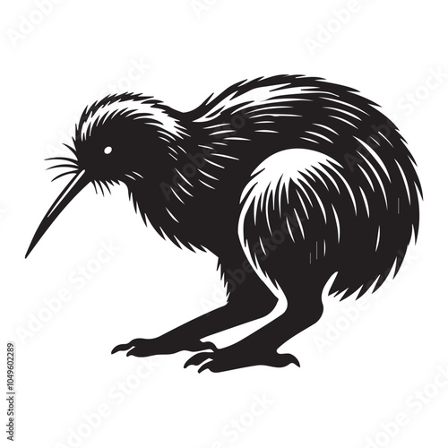 Kiwi Flightless Bird Silhouette Design - Kiwi bird Vector illustration in black and white