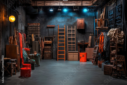Theater Backstage Area with Various Props and Costumes