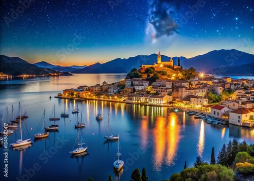 Night Photography of Poros Island and Galatas Town with Seaside Sailing Boats on Blue Sea photo