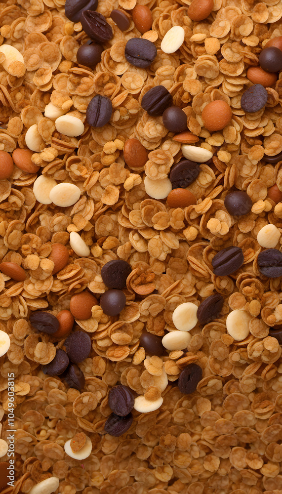 A pile of granola with chocolate chips, nuts, and seeds on a smooth surface. A pile of granola with chocolate chips, nuts, and seeds on a smooth surface.