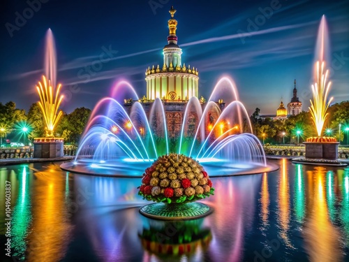 Nighttime Long Exposure of Fountain Stone Flower Pavilion at VDNH Moscow, Russia photo