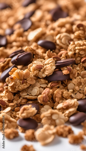 A pile of granola with chocolate chips, nuts, and seeds on a smooth surface.