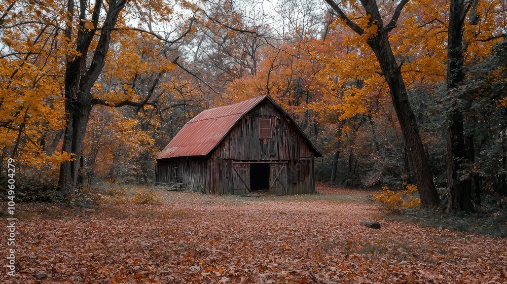 Vibrant Autumn Scene with Colorful Leaves and Barn