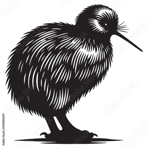 Kiwi Flightless Bird Silhouette Design - Kiwi bird Vector illustration in black and white