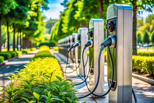 Close Up of Modern Fast Electric Vehicle Chargers in Park Setting for Eco-Friendly Car Charging Solutions