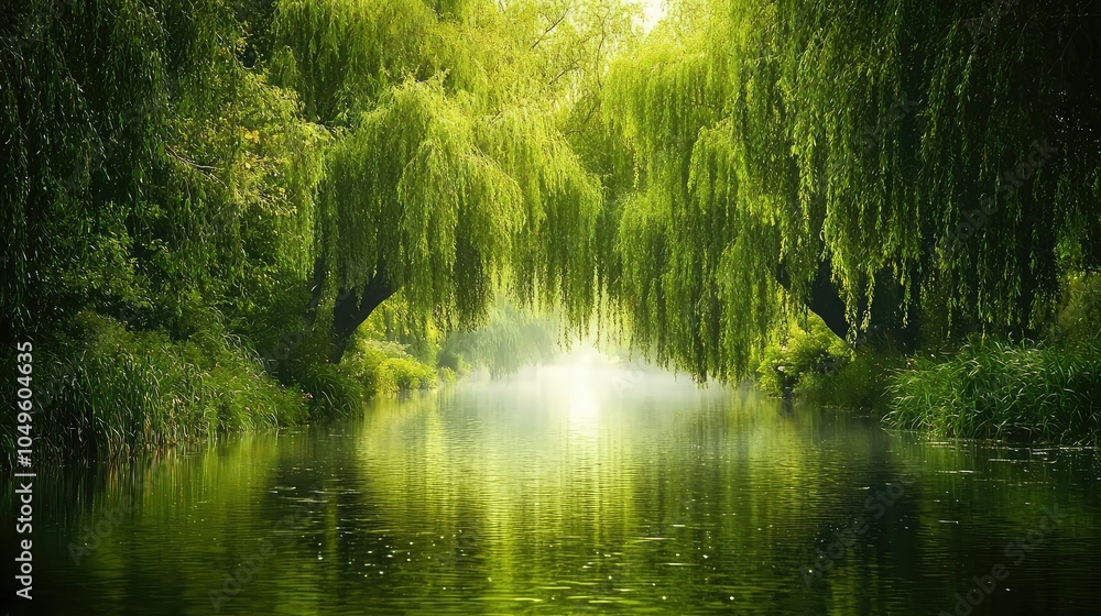 Serene River Scene with Lush Willows Serene River Scene with Lush Willows