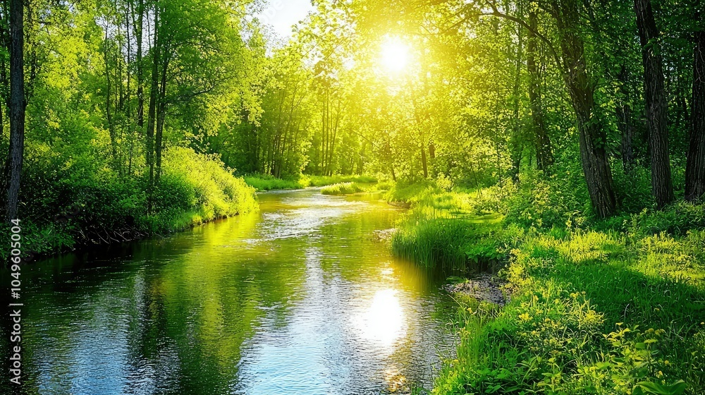 Obraz premium Winding River Through Lush Green Forest at Sunrise