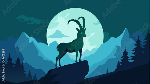 Silhouette alphine ibex stay on top rock with big blue moon night time background