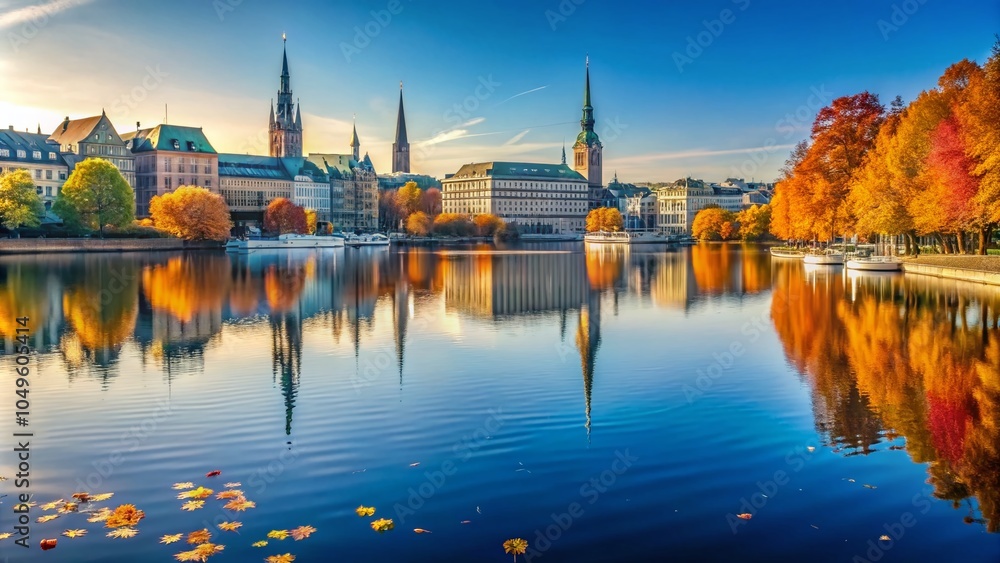 Fototapeta premium Panoramic View of Binnenalster Lake in Autumn, Hamburg, Germany – Sunlit Trees and Reflections in Water