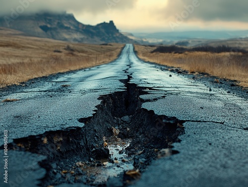 Earthquake Rupture, a dramatic fissure divides the asphalt road, showcasing nature's power and the aftermath of seismic activity.