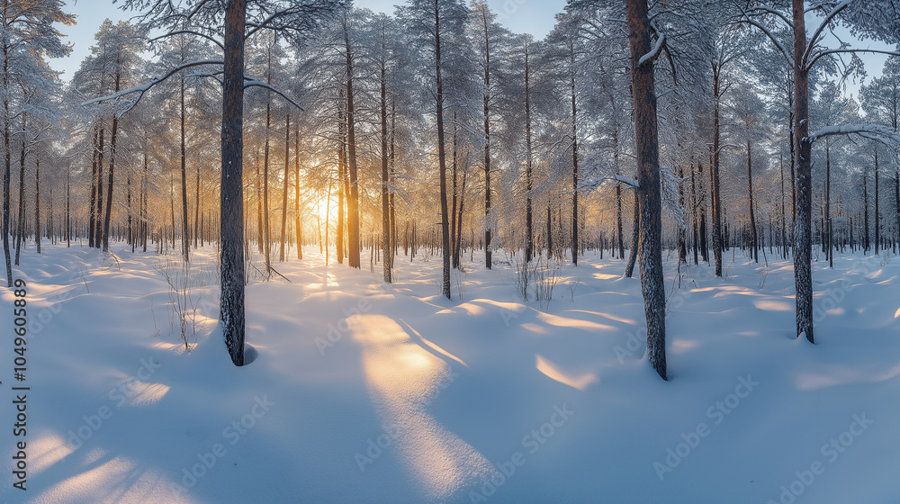 Sunrise in snowy forest with tall trees casting shadows over the pristine white snow Sunrise in snowy forest with tall trees casting shadows over the pristine white snow