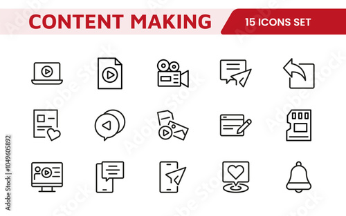 Content Creation Icon Set. Creative and versatile icons for bloggers, vloggers, and digital creators, perfect for enhancing editing tools, social media apps, and multimedia projects.