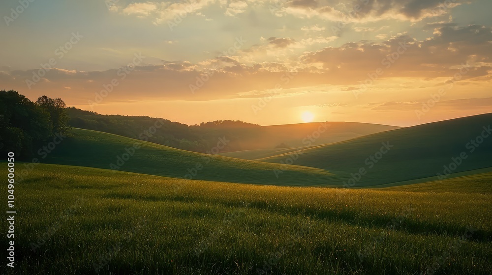 Fototapeta premium Serene Countryside View with Rolling Hills at Sunset