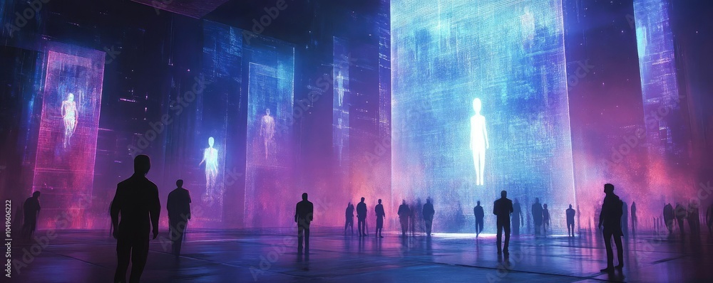 A futuristic concert hall, where holographic performers interact with a digital audience A futuristic concert hall, where holographic performers interact with a digital audience