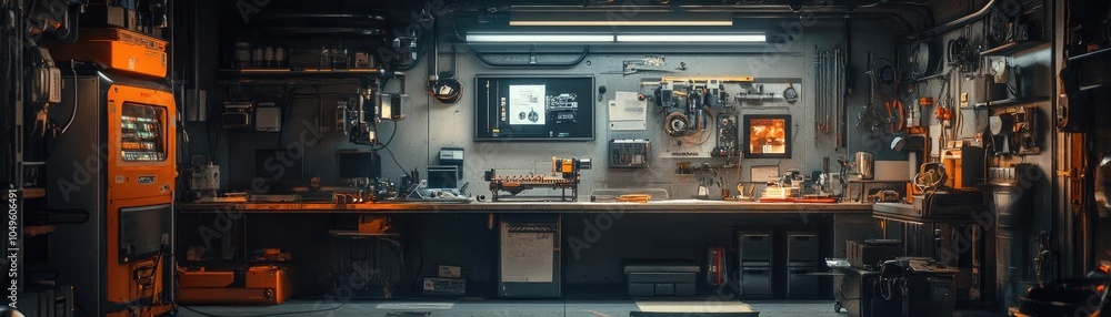 A futuristic workshop, where a person 3D prints tools and objects for everyday use A futuristic workshop, where a person 3D prints tools and objects for everyday use