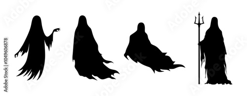 Halloween ghost silhouette set in black color. Ghosts silhouettes. Halloween spooky flying mysterious phantoms, ghosted night shadows.