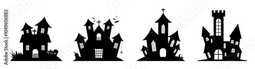 Wallpaper Mural Halloween house set of four in black and white color. Haunted house silhouette collection. Scary Halloween house bundle set. Vector illustration Torontodigital.ca