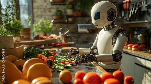 A robot assisting a chef, chopping vegetables and preparing meals in a high-tech kitchen photo