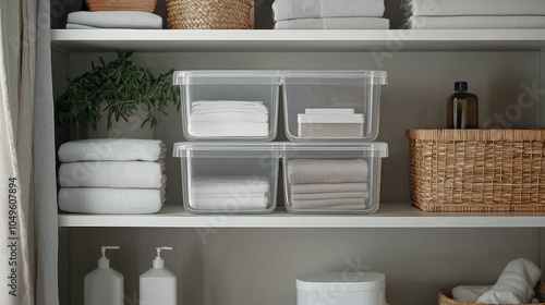 Organized Storage Space with Clear Bins and Labels