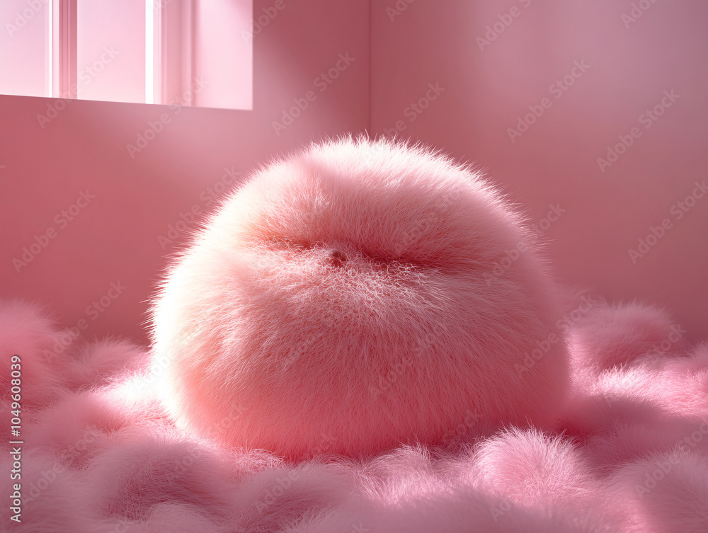 a pink, fluffy ball character. It's sitting in a room with a sunlit window. a pink, fluffy ball character. It's sitting in a room with a sunlit window.