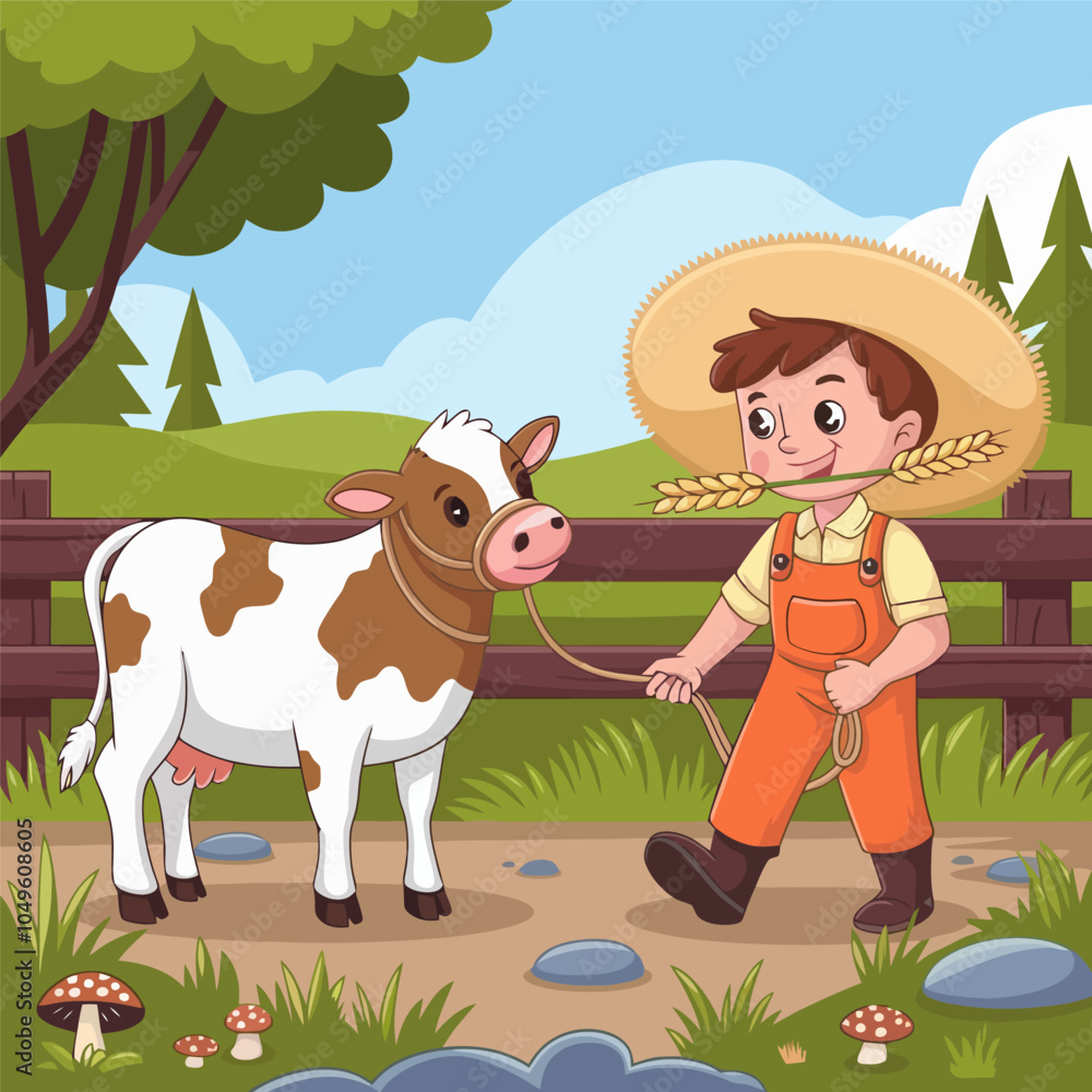 Naklejka premium Boy leading a cow on a scenic farm path.