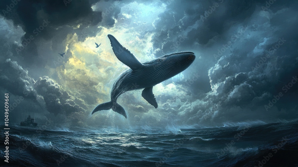 Obraz premium A majestic whale leaps out of the water against a dark, cloudy sky, creating a dramatic and awe-inspiring scene in the ocean.