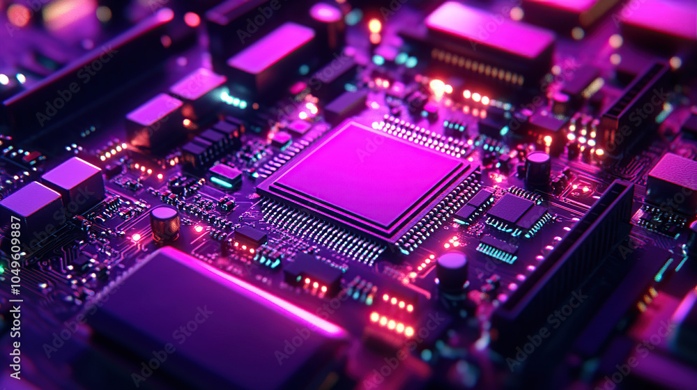Obraz premium Close-up of a glowing microchip on a circuit board, with a chip in the middle