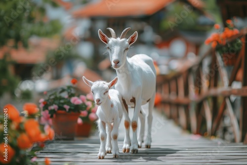 Tender moment as a white goat gently nuzzles its adorable newborn kid in a charming barnyard setting photo