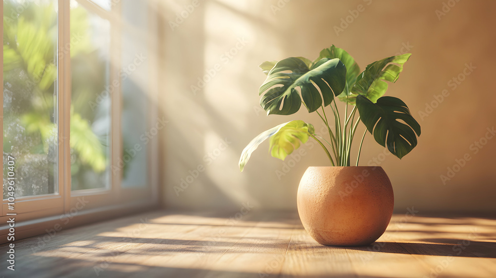 Modern Terracotta Pot Featuring a Lush Monstera Plant in a Bright Indoor Setting Modern Terracotta Pot Featuring a Lush Monstera Plant in a Bright Indoor Setting