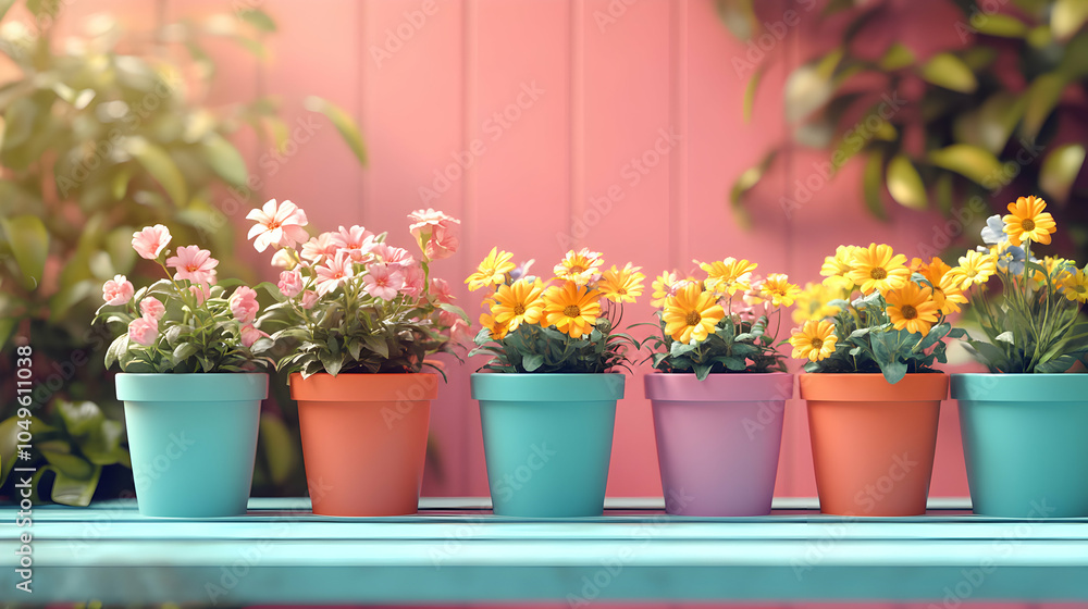 Colorful Plant Pots with Blooming Flowers in a Lively Garden Setting Colorful Plant Pots with Blooming Flowers in a Lively Garden Setting