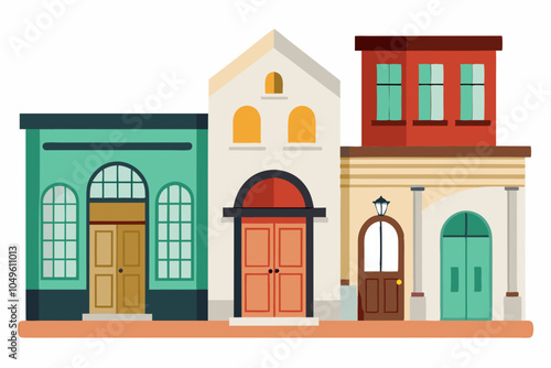 Building vector set flat illustrations of a color silhouette of city structures in outlines