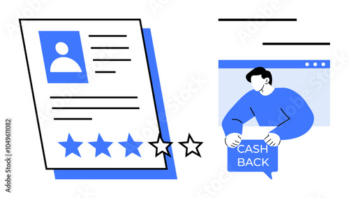 Two main elements a customer review with star ratings and a person receiving cash back. Ideal for marketing, customer reviews, feedback systems, ecommerce, loyalty programs. Minimalist modern style