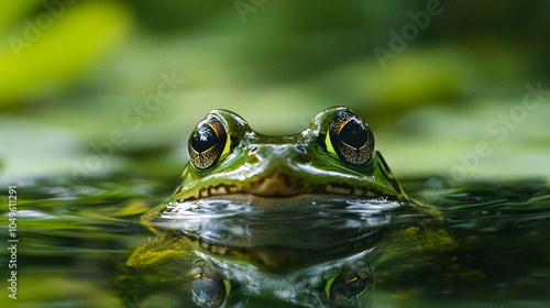 A green frog with large eyes peeks out of the water, its reflection visible on the surface.