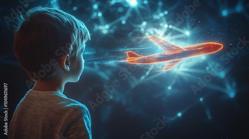 Holographic toy plane soaring over a child s head, medium shot, bright glowing trail, futuristic lighting photo