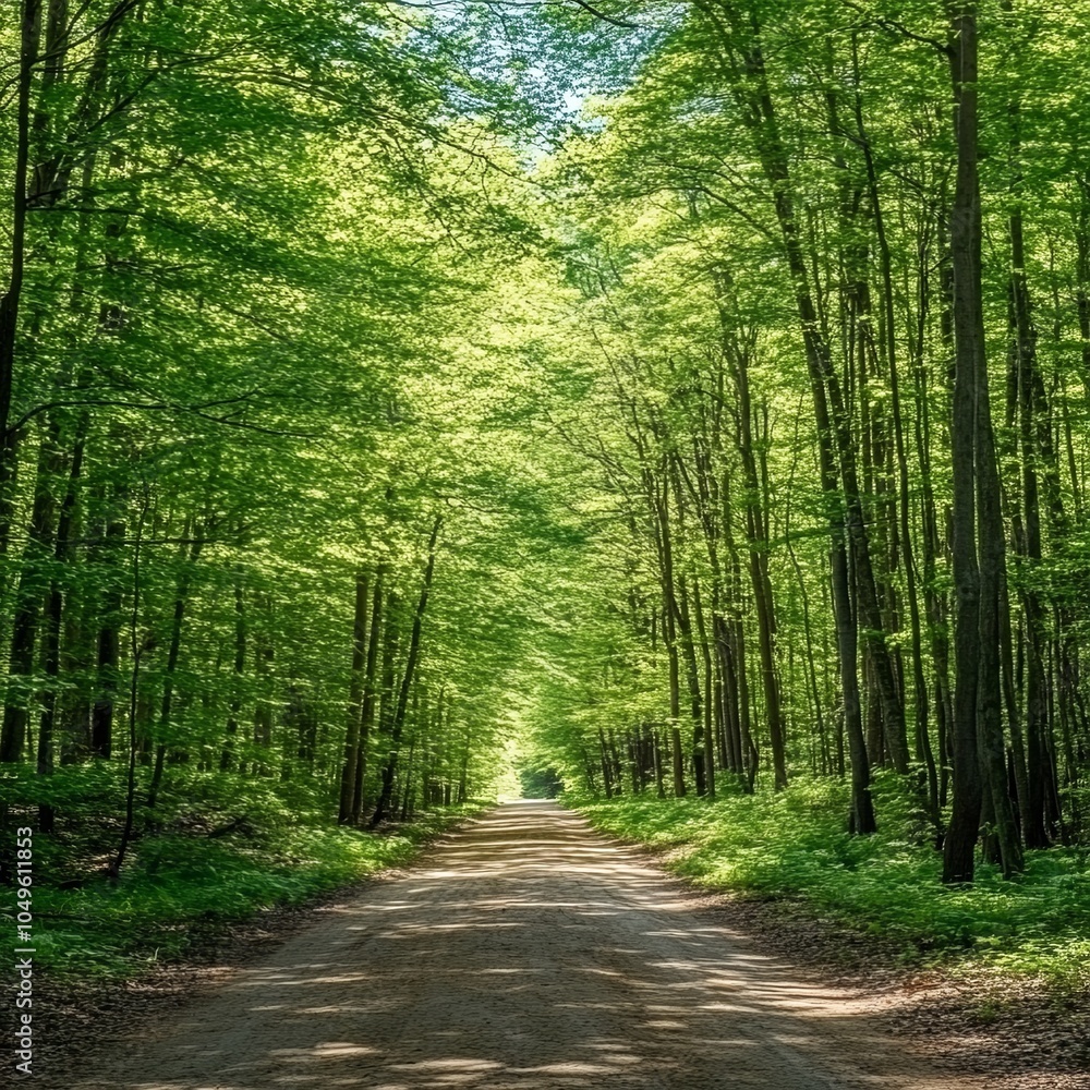 Obraz premium view inside a dense green spring deciduous forest with a deserted dirt road in the center. beautiful woodland landscape. widescreen format