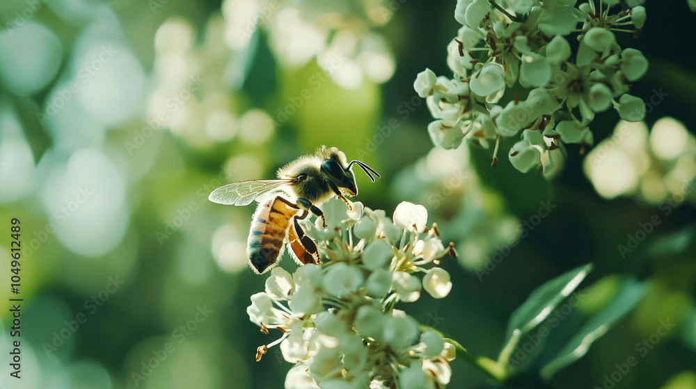 A honeybee collects nectar from a white flower blossom. A honeybee collects nectar from a white flower blossom.