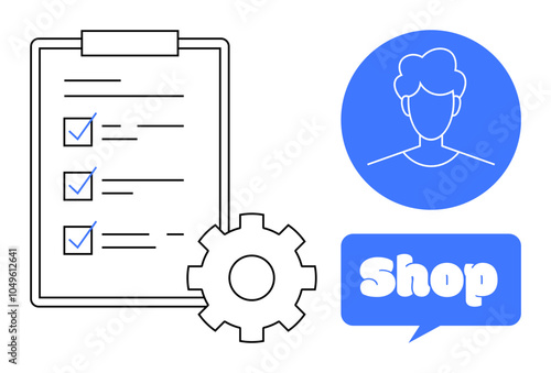 A checklist with checkmarks a gear icon a user profile circle and a shop speech bubble, in blue Efficient for business management user tasks customer service e-commerce planning and workplace