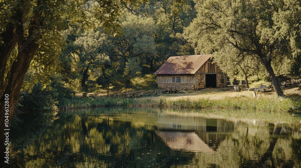 Fototapeta premium Serene Barn by Calm Pond Surrounded by Nature
