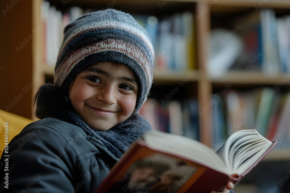 A romani child reading a book in a cozy city library, wearing a warm hat and scarf, smiles with joy and curiosity A romani child reading a book in a cozy city library, wearing a warm hat and scarf, smiles with joy and curiosity