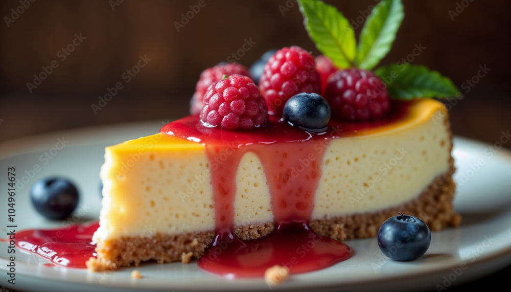 Decadent New York Style Cheesecake Slice with Fresh Mixed Berries on White Ceramic Plate Decadent New York Style Cheesecake Slice with Fresh Mixed Berries on White Ceramic Plate