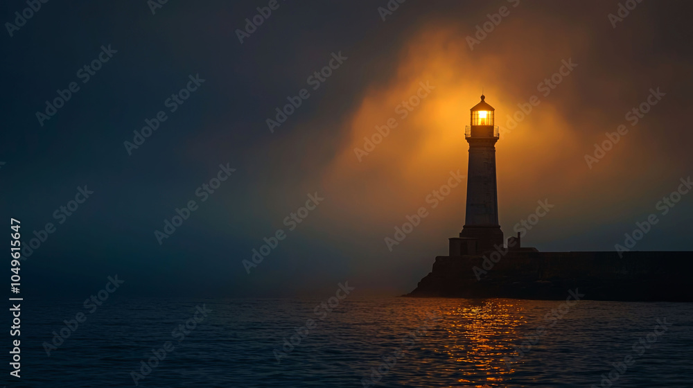 A lighthouse shines brightly through a thick fog, casting a warm glow over the water. A lighthouse shines brightly through a thick fog, casting a warm glow over the water.
