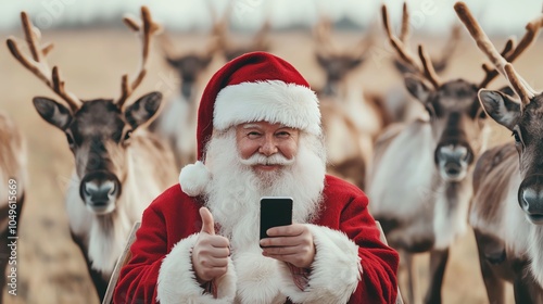 Santa texting on his smartphone midflight, giving a thumbsup to the camera as his reindeer handle the sleigh on their own photo