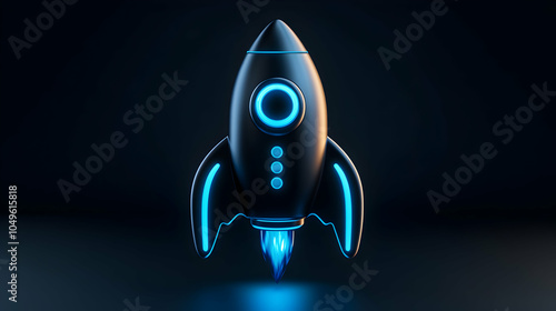 High-Resolution Neon Blue and Black 3D Rocket Icon with Futuristic Design