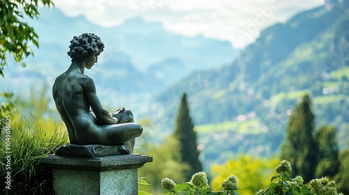 Classical Statue with Scenic Backdrop