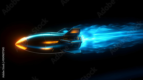 Sleek 3D Rocket Design with Neon Blue Flames in Minimalistic Style